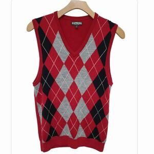 Express V Neck Argyle Sweater Vest Merino Wool Men's L Red Black Gray Preppy EUC